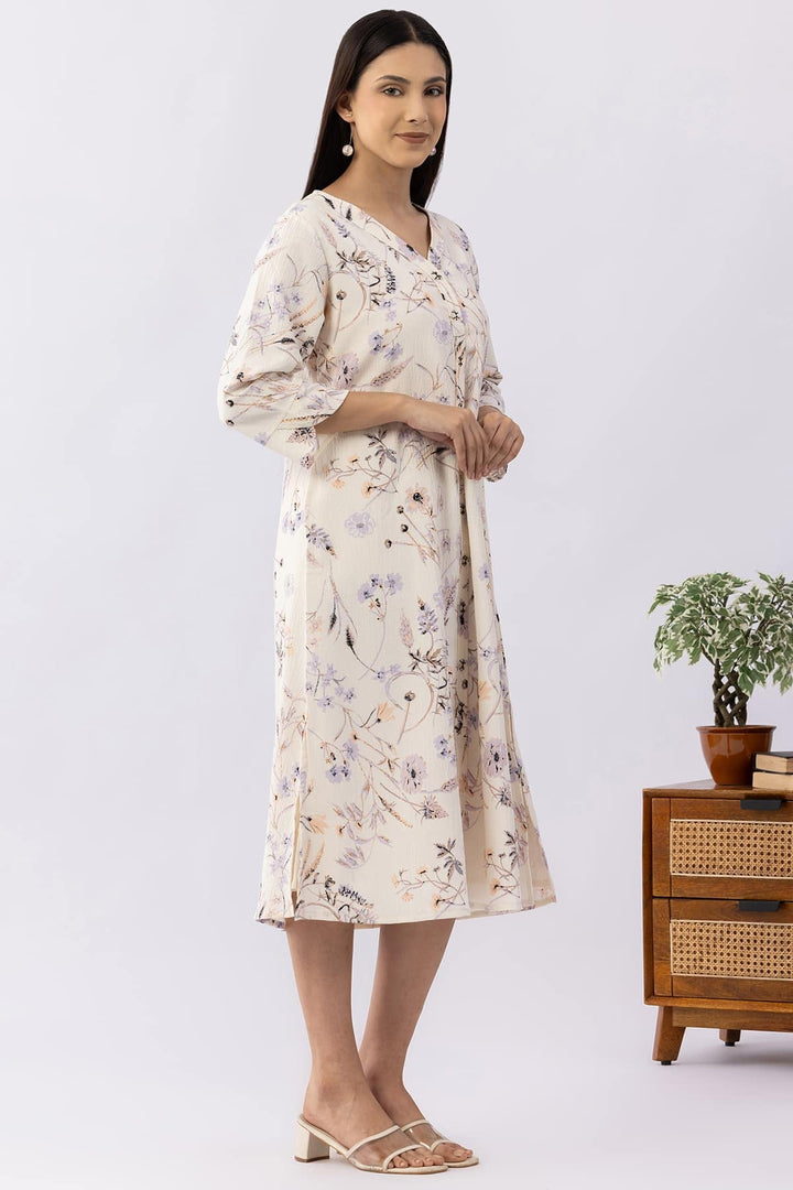 Printed Off White Crepe Dress with V-Neck &amp; 3/4 Sleeves