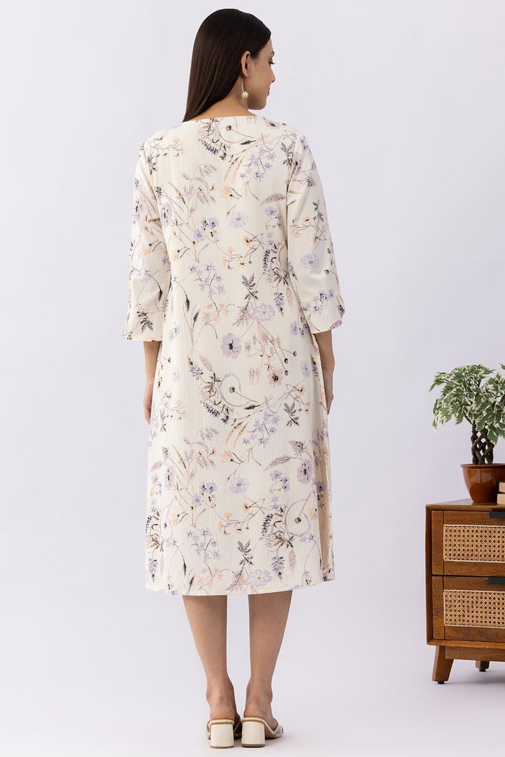 Printed Off White Crepe Dress with V-Neck &amp; 3/4 Sleeves
