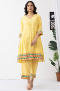 embroidered kurta set for women yellow chanderi viscose palazzo pant v neck
