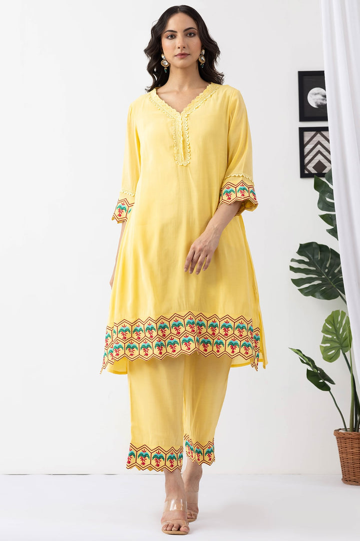 embroidered kurta set for women yellow chanderi viscose palazzo pant v neck