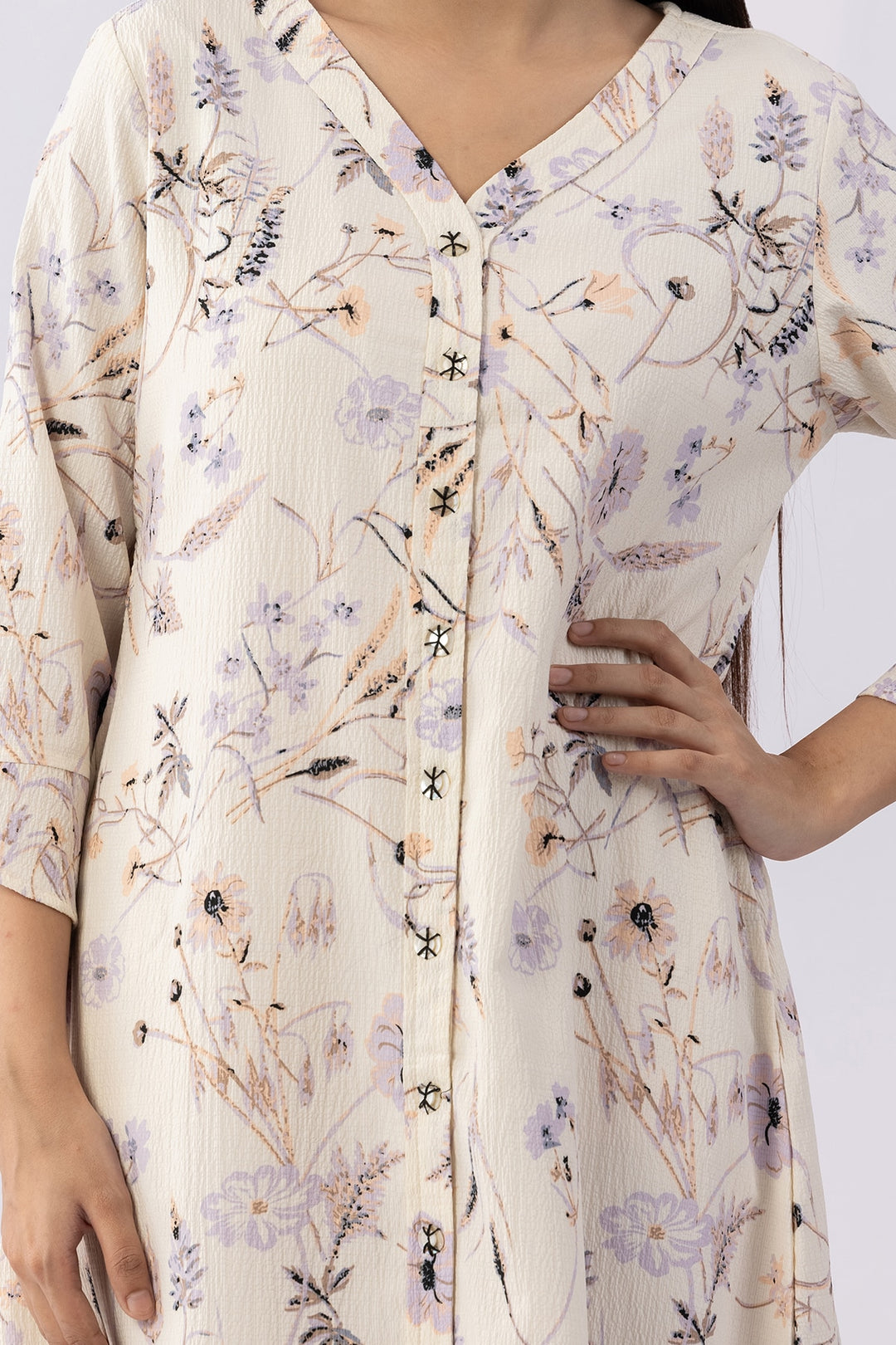 Printed Off White Crepe Dress with V-Neck &amp; 3/4 Sleeves