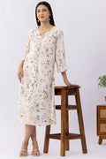 Printed Off White Crepe Dress with V-Neck & 3/4 Sleeves