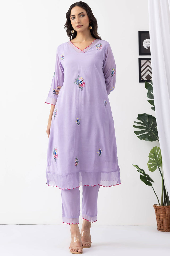 lavender kurta set for women embroidered chanderi viscose palazzo v neck