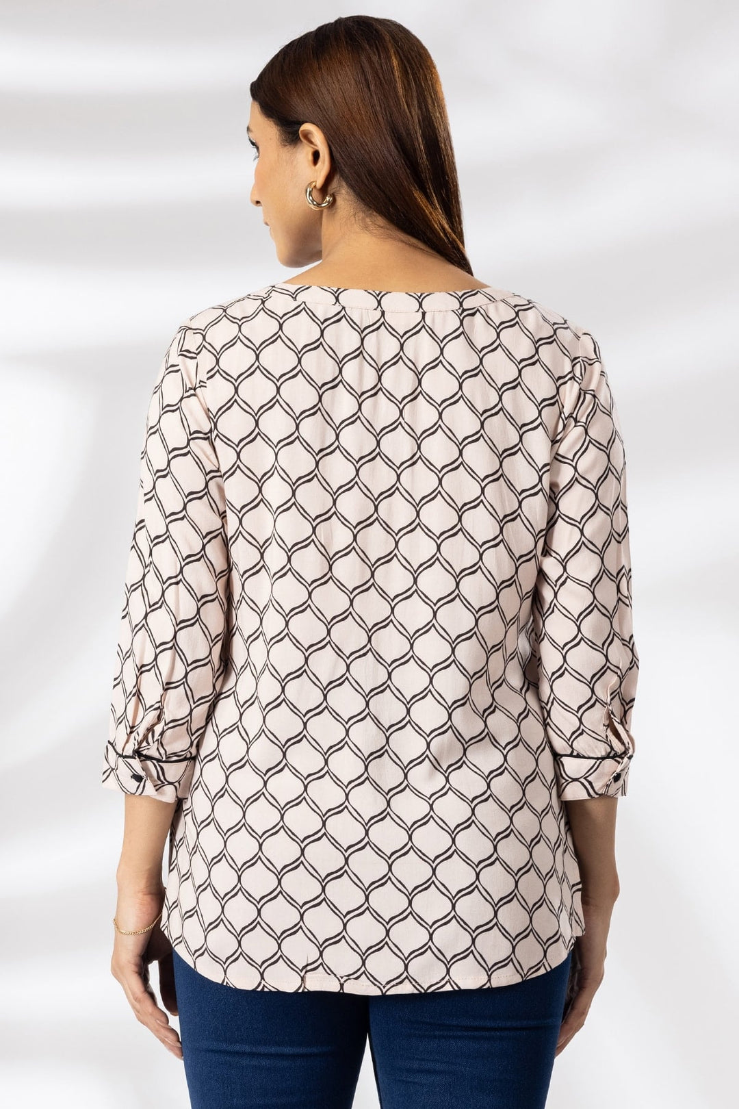 Peach Printed Rayon Casual Top with Round Neck