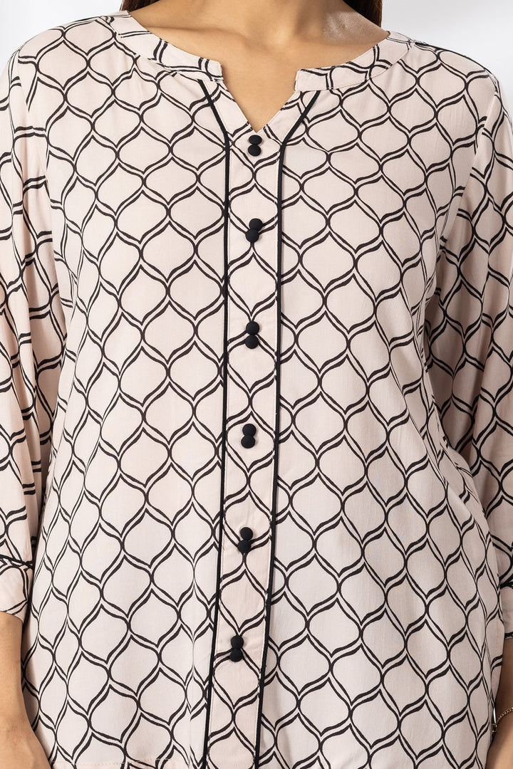 Peach Printed Rayon Casual Top with Round Neck