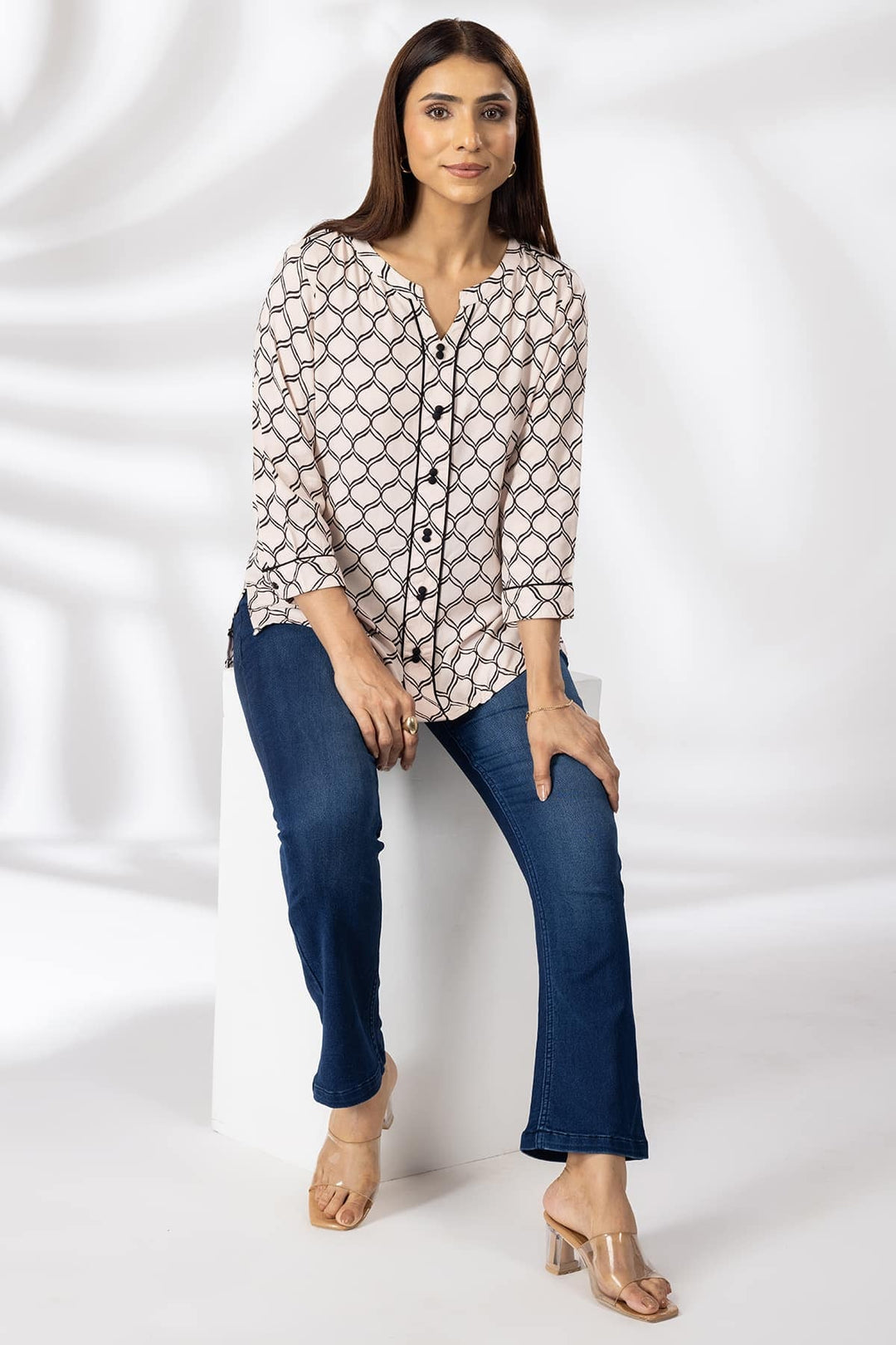 Peach Printed Rayon Casual Top with Round Neck