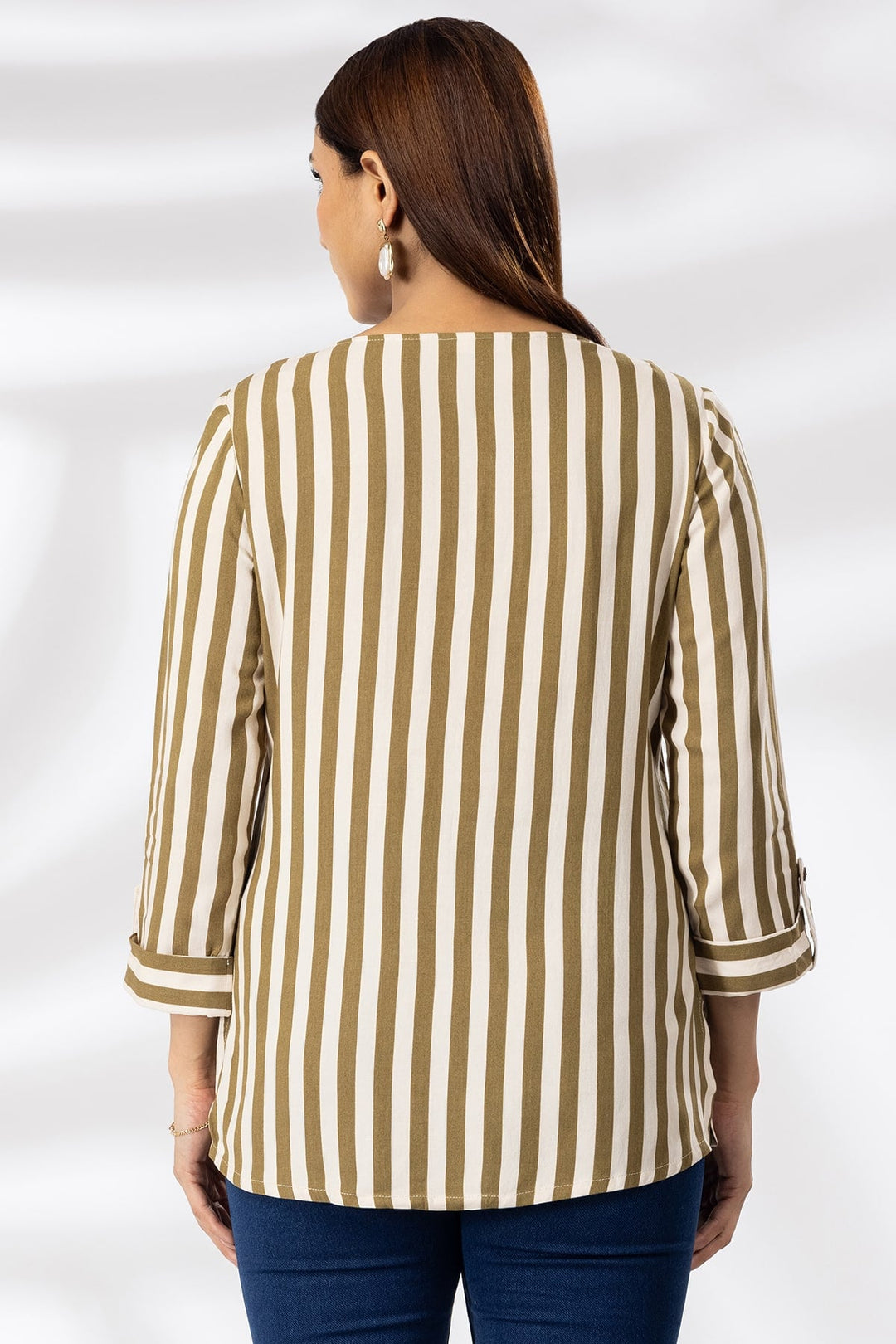 Beige Rayon Striped Casual Top with V-Neck &amp; 3/4th Sleeves