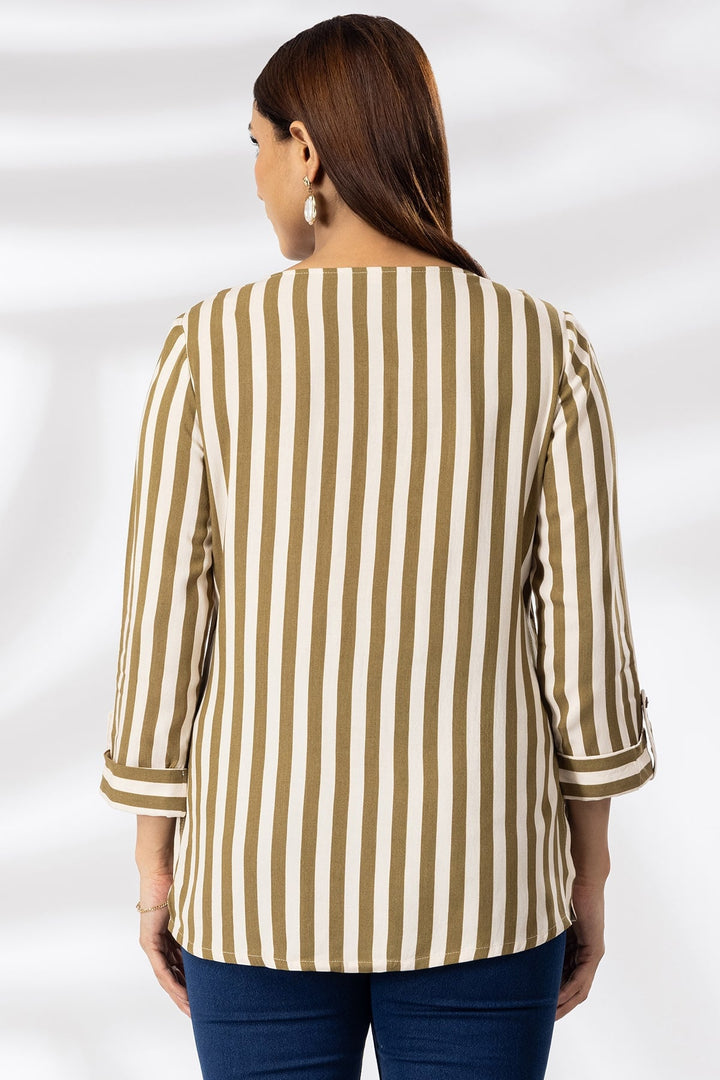 Beige Rayon Striped Casual Top with V-Neck &amp; 3/4th Sleeves