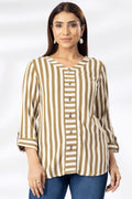Beige Rayon Striped Casual Top with V-Neck & 3/4th Sleeves