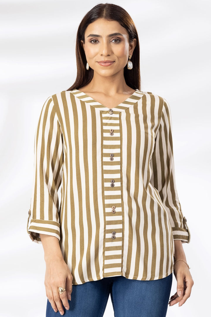 Beige Rayon Striped Casual Top with V-Neck &amp; 3/4th Sleeves