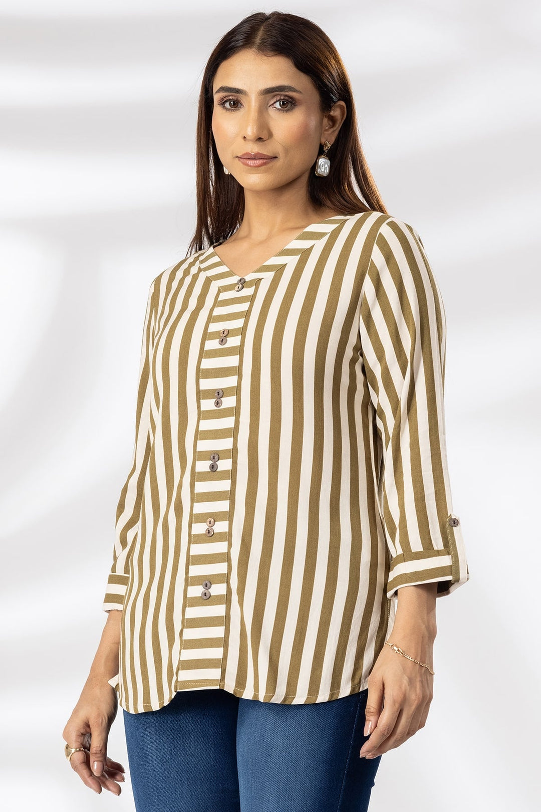 Beige Rayon Striped Casual Top with V-Neck &amp; 3/4th Sleeves