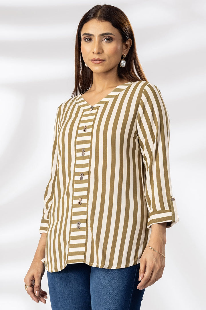 Beige Rayon Striped Casual Top with V-Neck &amp; 3/4th Sleeves