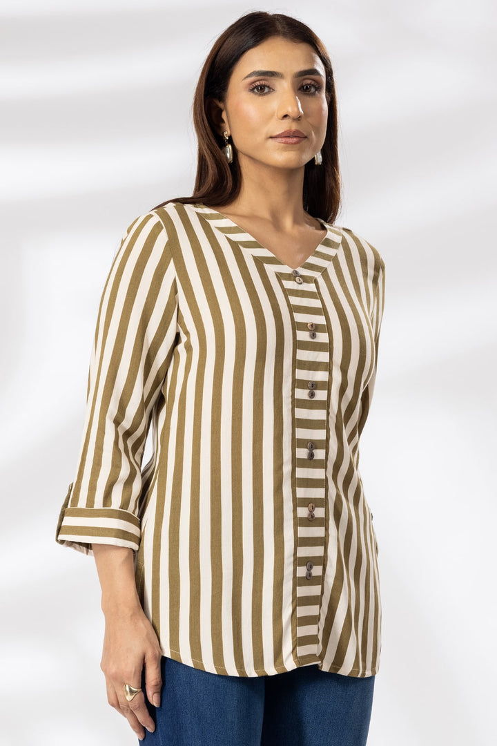 Beige Rayon Striped Casual Top with V-Neck &amp; 3/4th Sleeves