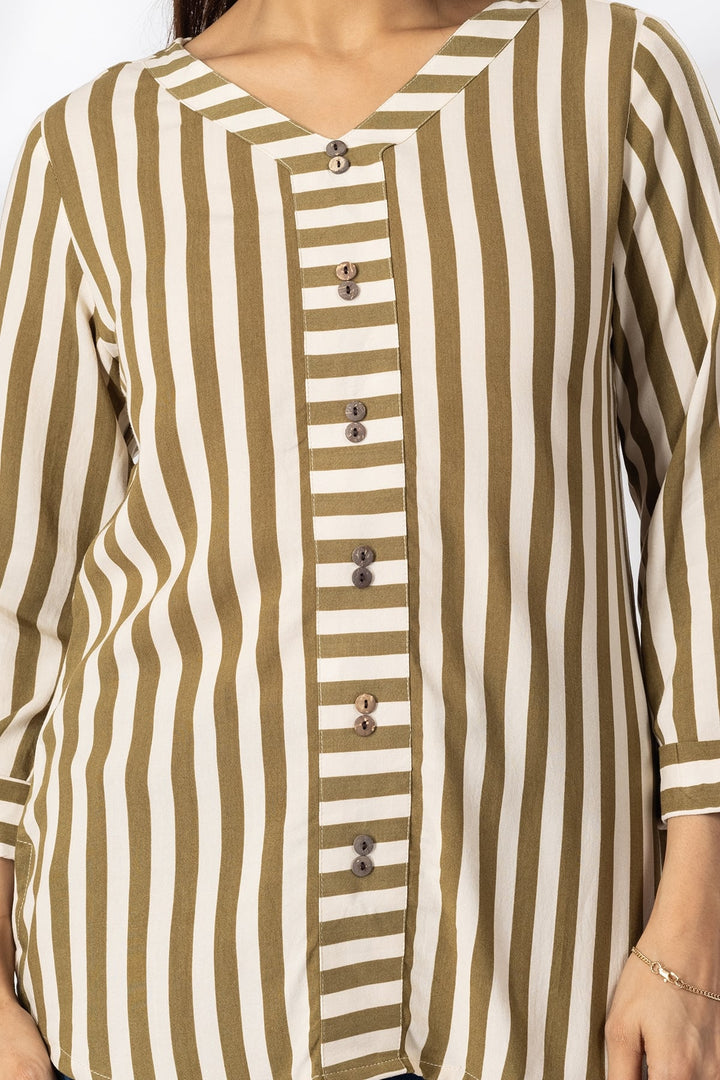 Beige Rayon Striped Casual Top with V-Neck &amp; 3/4th Sleeves