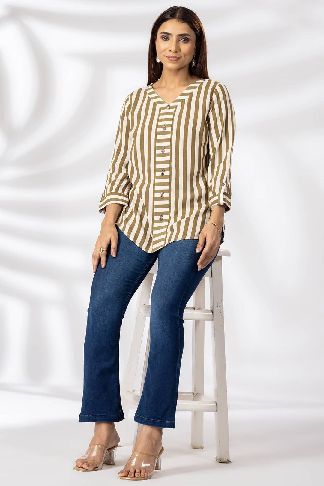 Beige Rayon Striped Casual Top with V-Neck &amp; 3/4th Sleeves