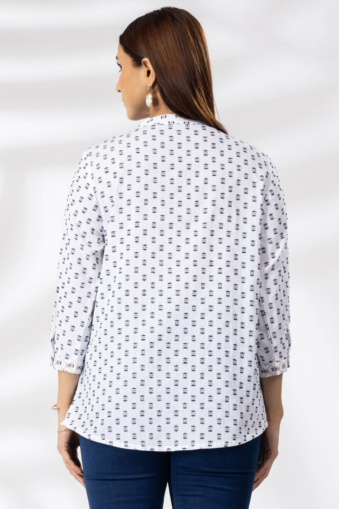 White Embroidered Cotton Shirt with Mandarin Collar