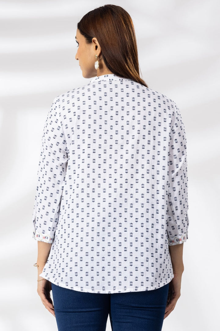 White Embroidered Cotton Shirt with Mandarin Collar