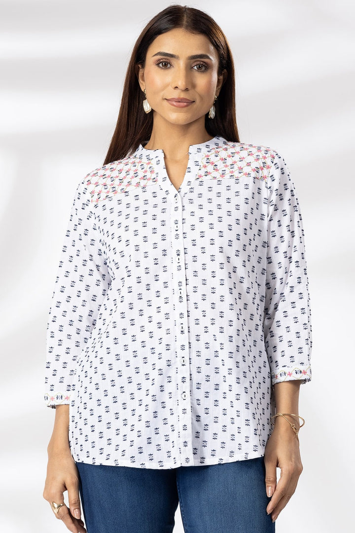 White Embroidered Cotton Shirt with Mandarin Collar