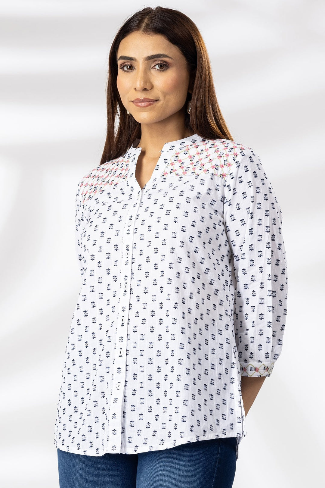 White Embroidered Cotton Shirt with Mandarin Collar