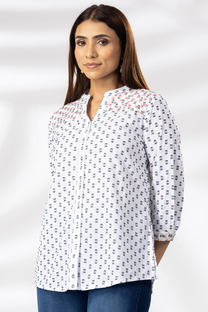 White Embroidered Cotton Shirt with Mandarin Collar