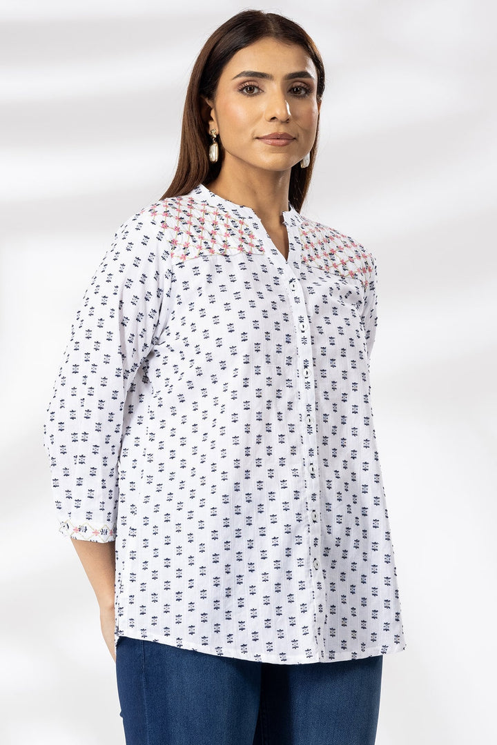 White Embroidered Cotton Shirt with Mandarin Collar