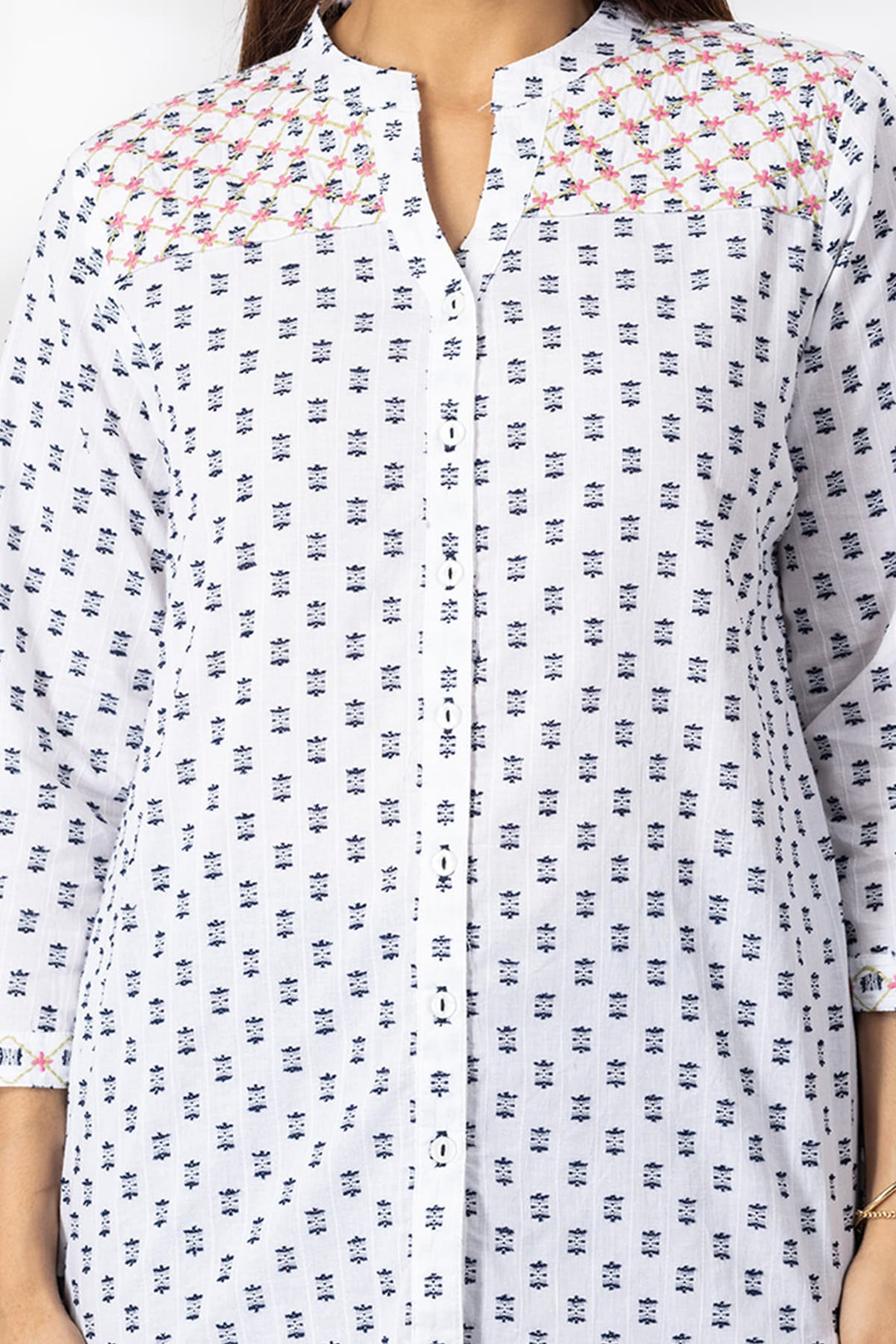 White Embroidered Cotton Shirt with Mandarin Collar