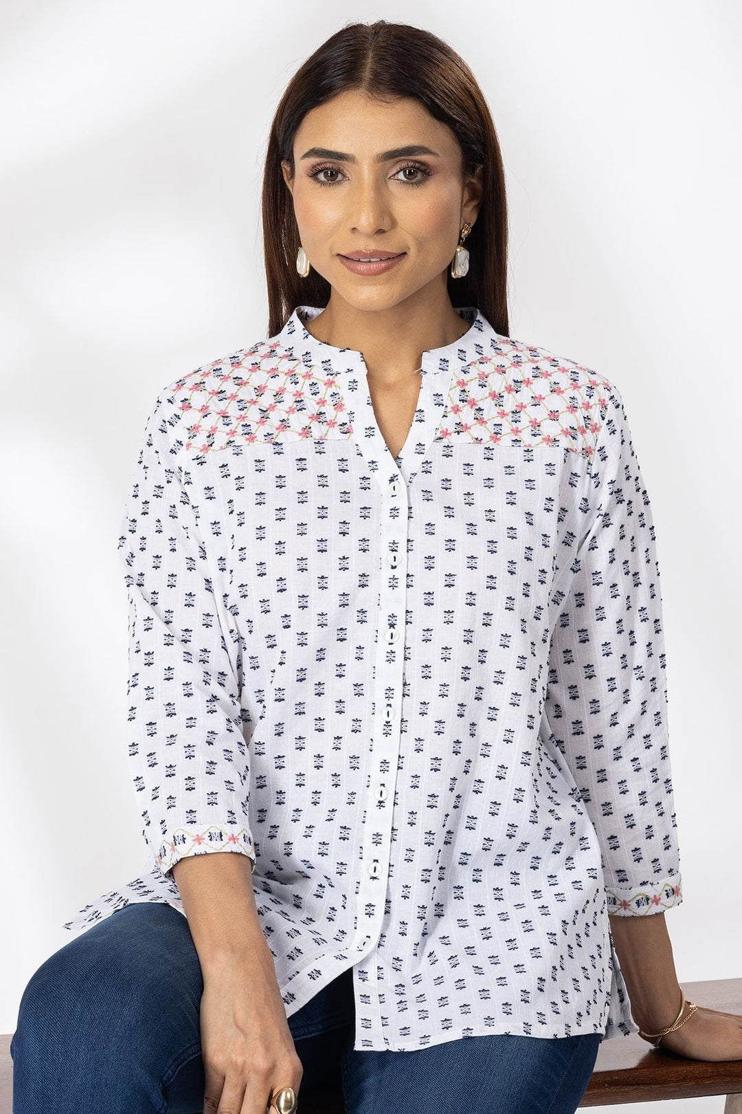 White Embroidered Cotton Shirt with Mandarin Collar