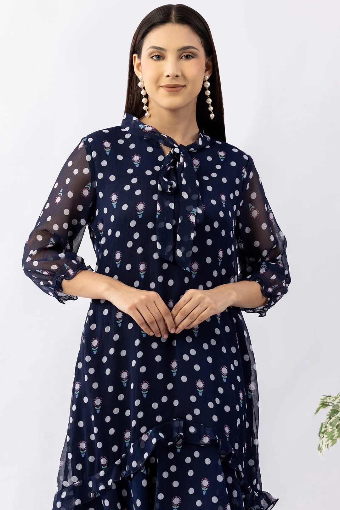 Printed Navy Blue Chiffon Dress with String Tie Neck &amp; 3/4 Sleeves