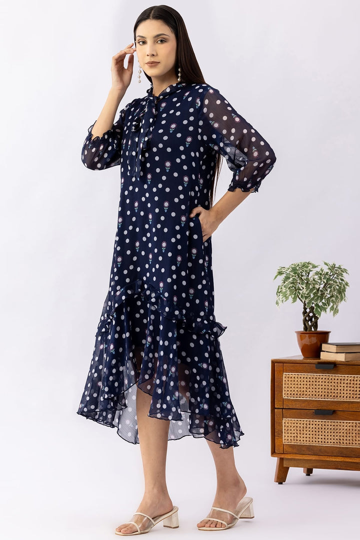 Printed Navy Blue Chiffon Dress with String Tie Neck &amp; 3/4 Sleeves