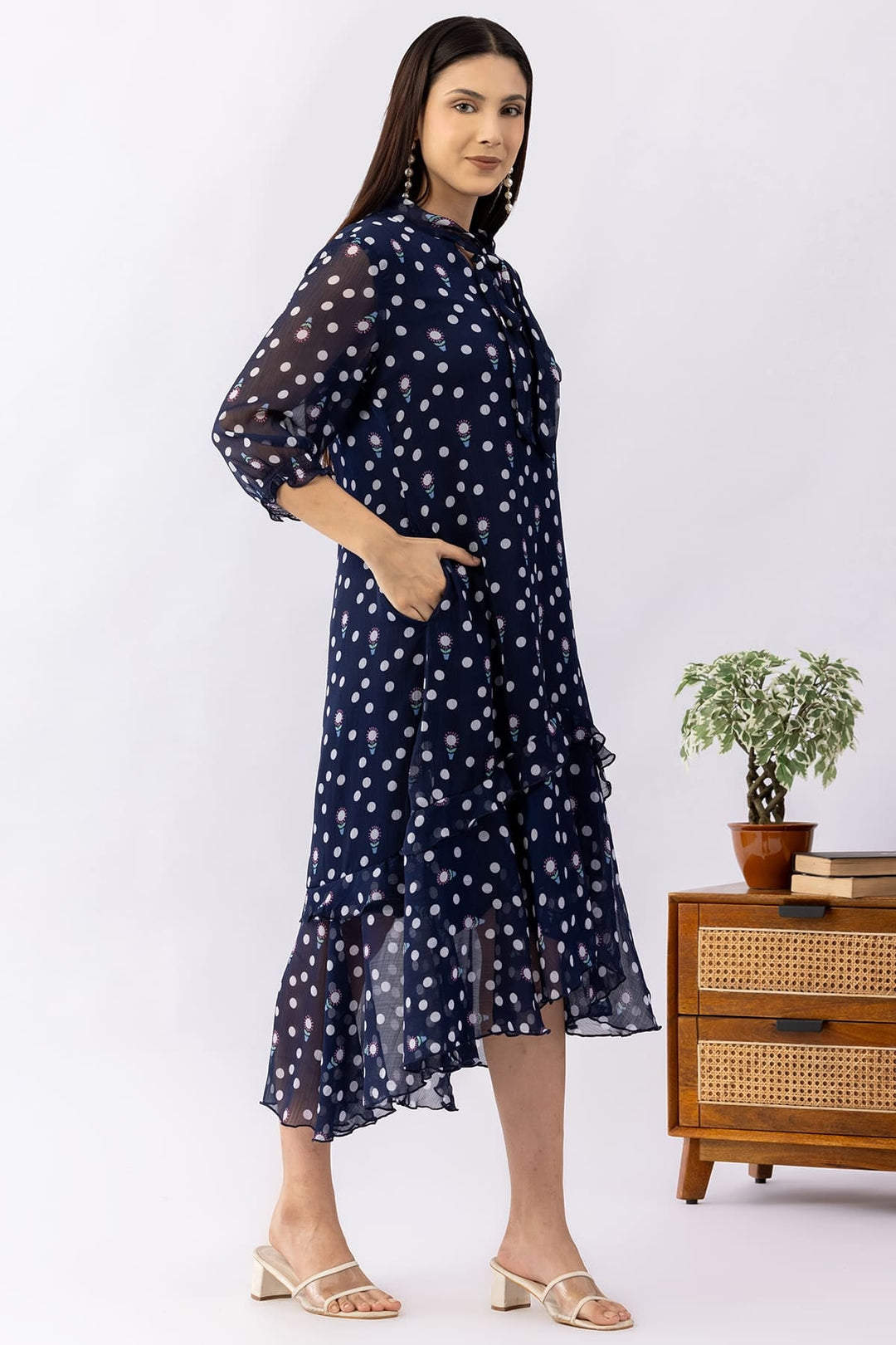 Printed Navy Blue Chiffon Dress with String Tie Neck &amp; 3/4 Sleeves