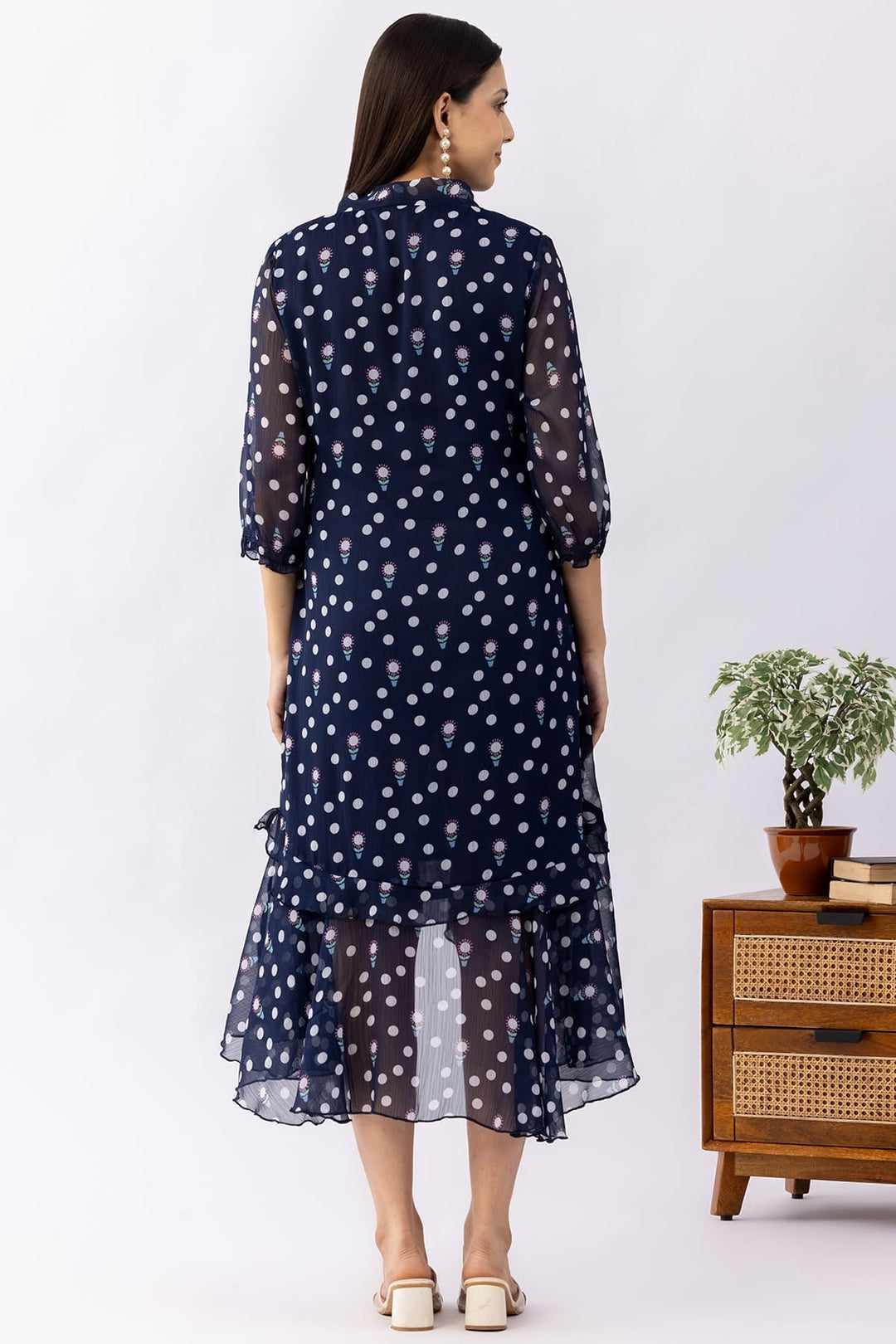 Printed Navy Blue Chiffon Dress with String Tie Neck &amp; 3/4 Sleeves