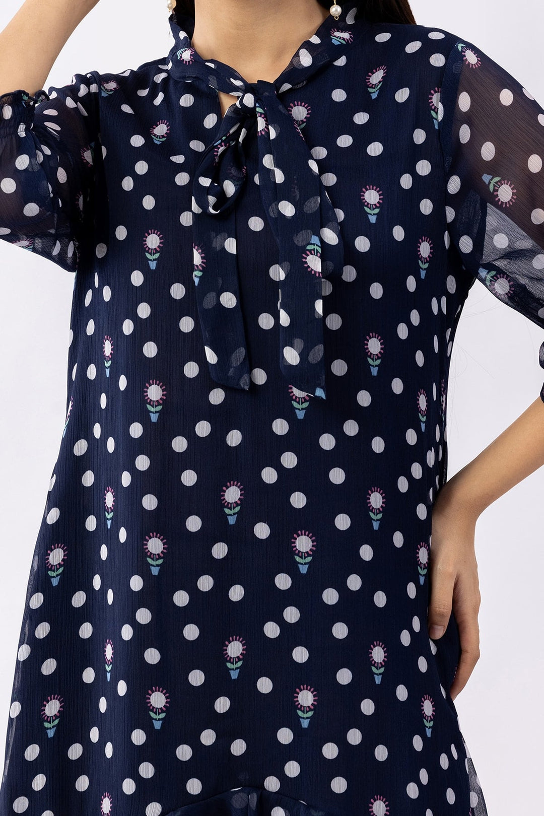 Printed Navy Blue Chiffon Dress with String Tie Neck &amp; 3/4 Sleeves