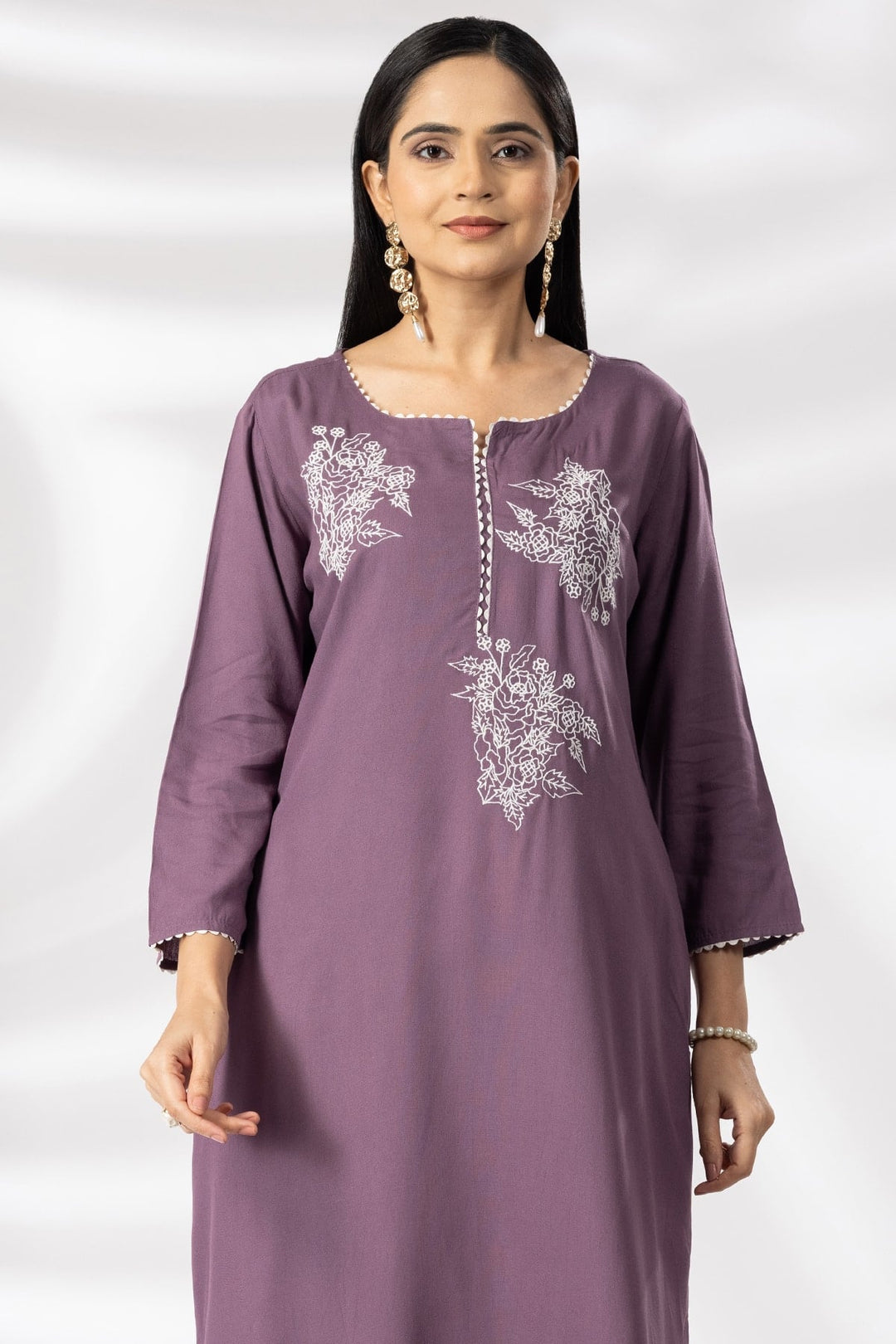 Purple Embroidered Rayon Kurti with Round Neck