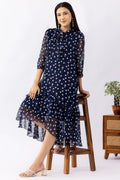 Printed Navy Blue Chiffon Dress with String Tie Neck & 3/4 Sleeves
