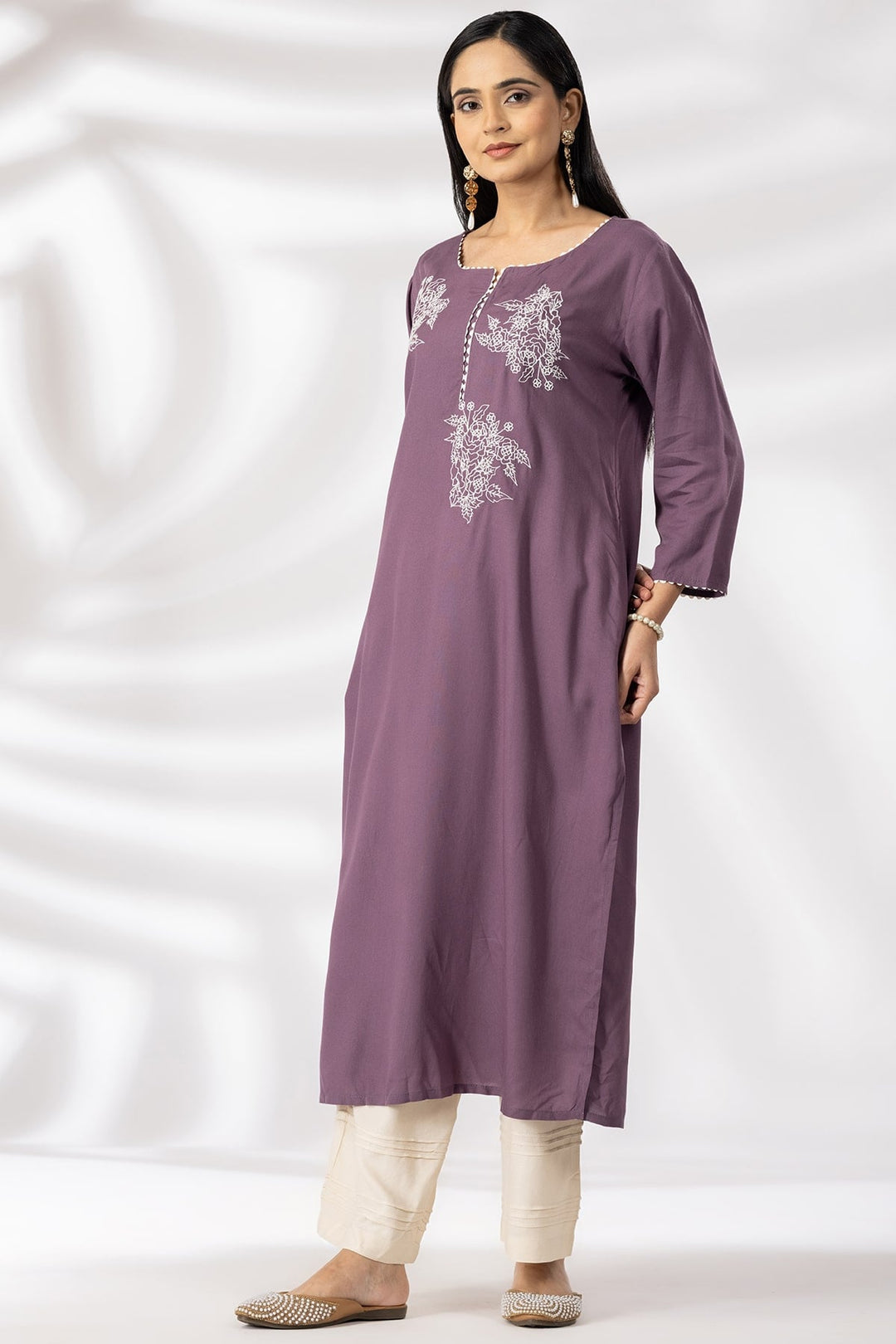 Purple Embroidered Rayon Kurti with Round Neck