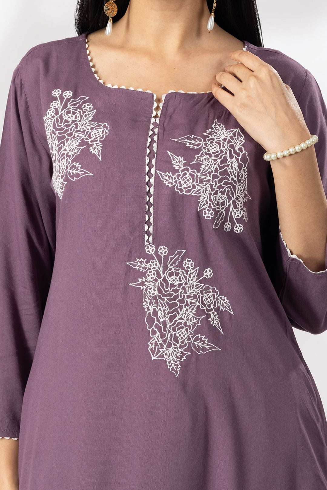Purple Embroidered Rayon Kurti with Round Neck