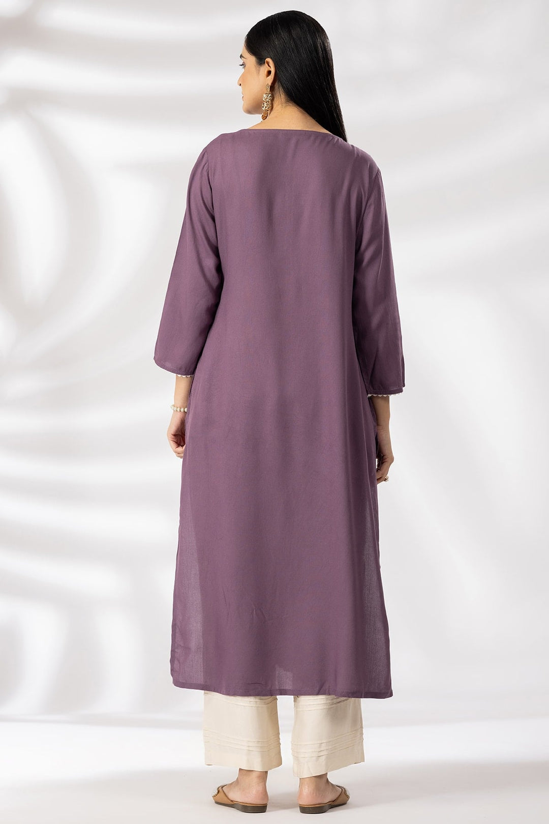 Purple Embroidered Rayon Kurti with Round Neck