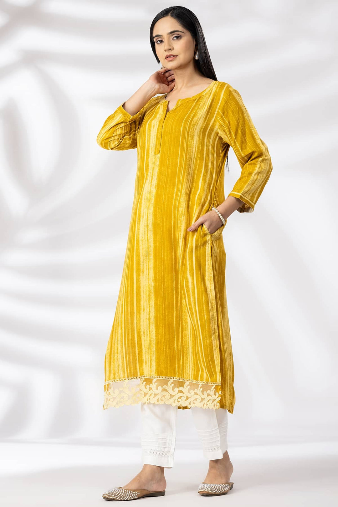 Mustard Printed Viscose Kurti with Round Neck &amp; 3/4th Sleeves