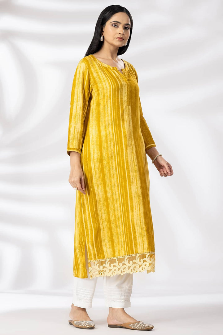 Mustard Printed Viscose Kurti with Round Neck &amp; 3/4th Sleeves