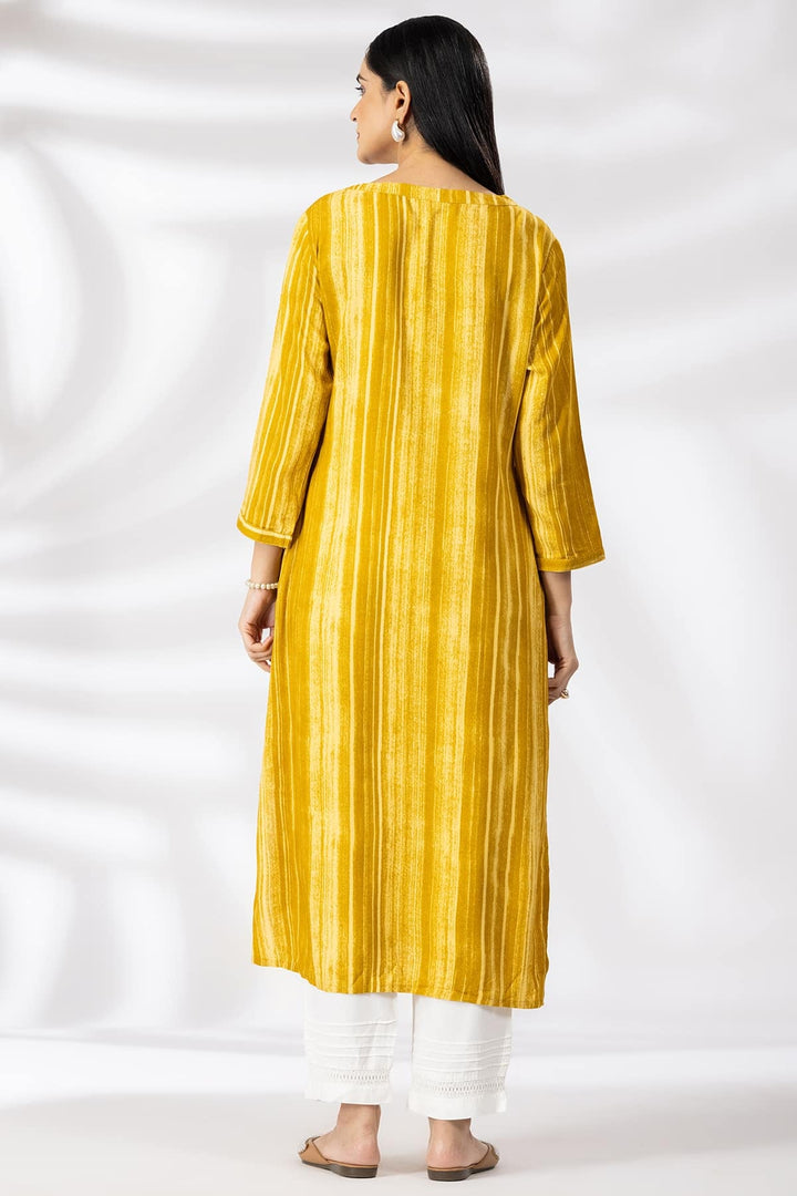 Mustard Printed Viscose Kurti with Round Neck &amp; 3/4th Sleeves