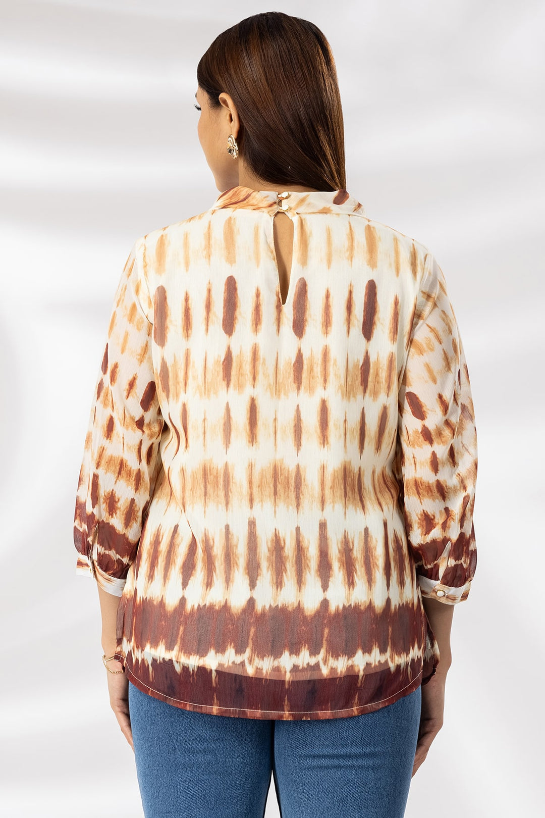 Brown Printed Chiffon Casual Top with String Tie Neck &amp; 3/4th Sleeves