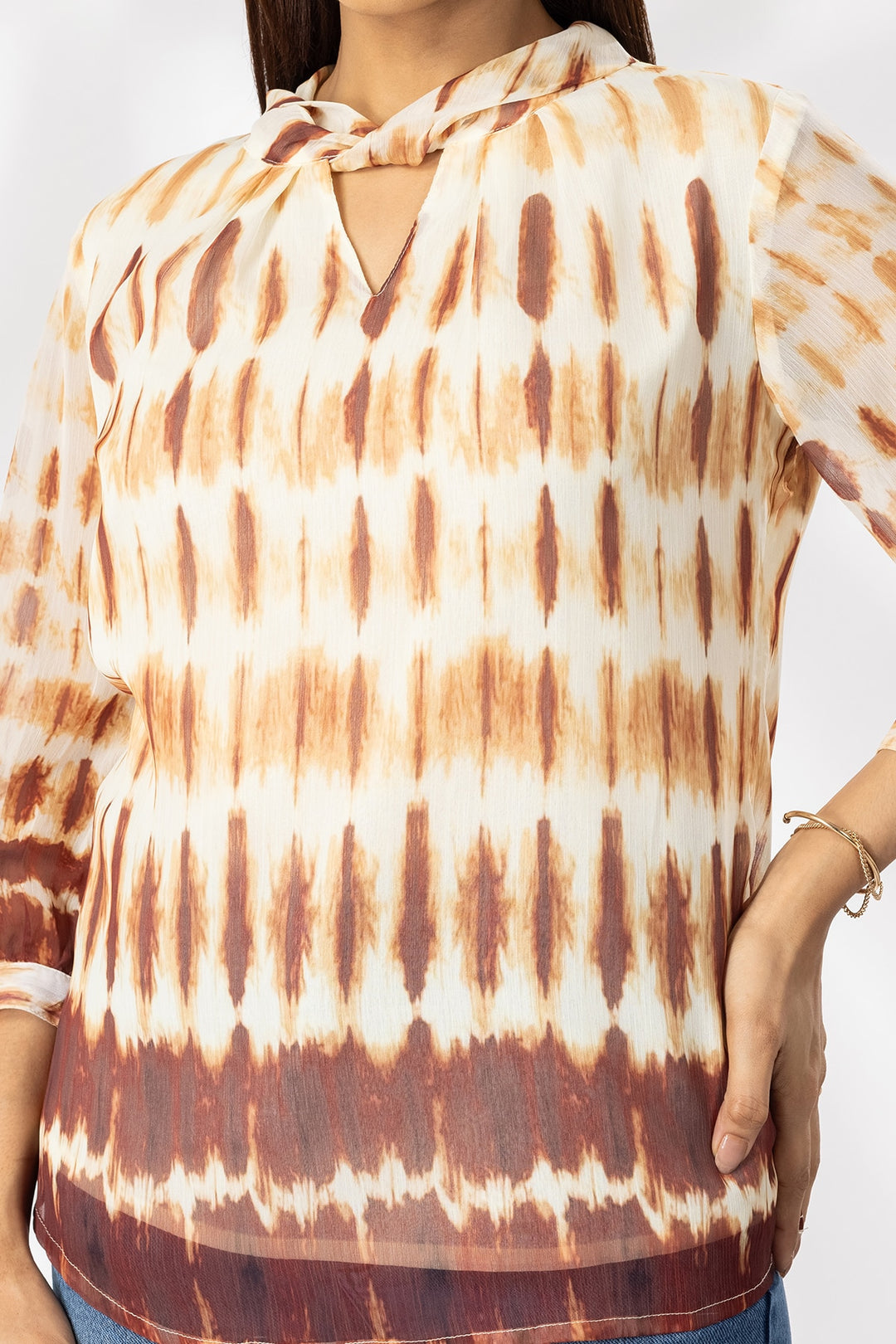 Brown Printed Chiffon Casual Top with String Tie Neck &amp; 3/4th Sleeves
