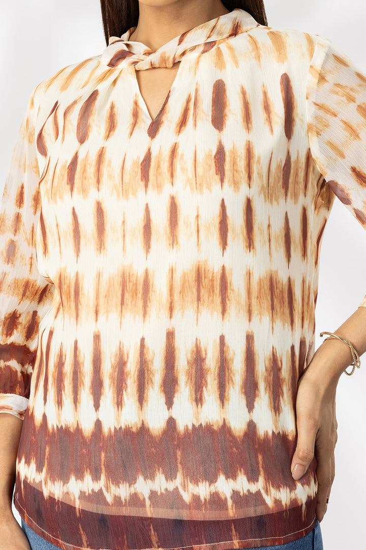 Brown Printed Chiffon Casual Top with String Tie Neck &amp; 3/4th Sleeves