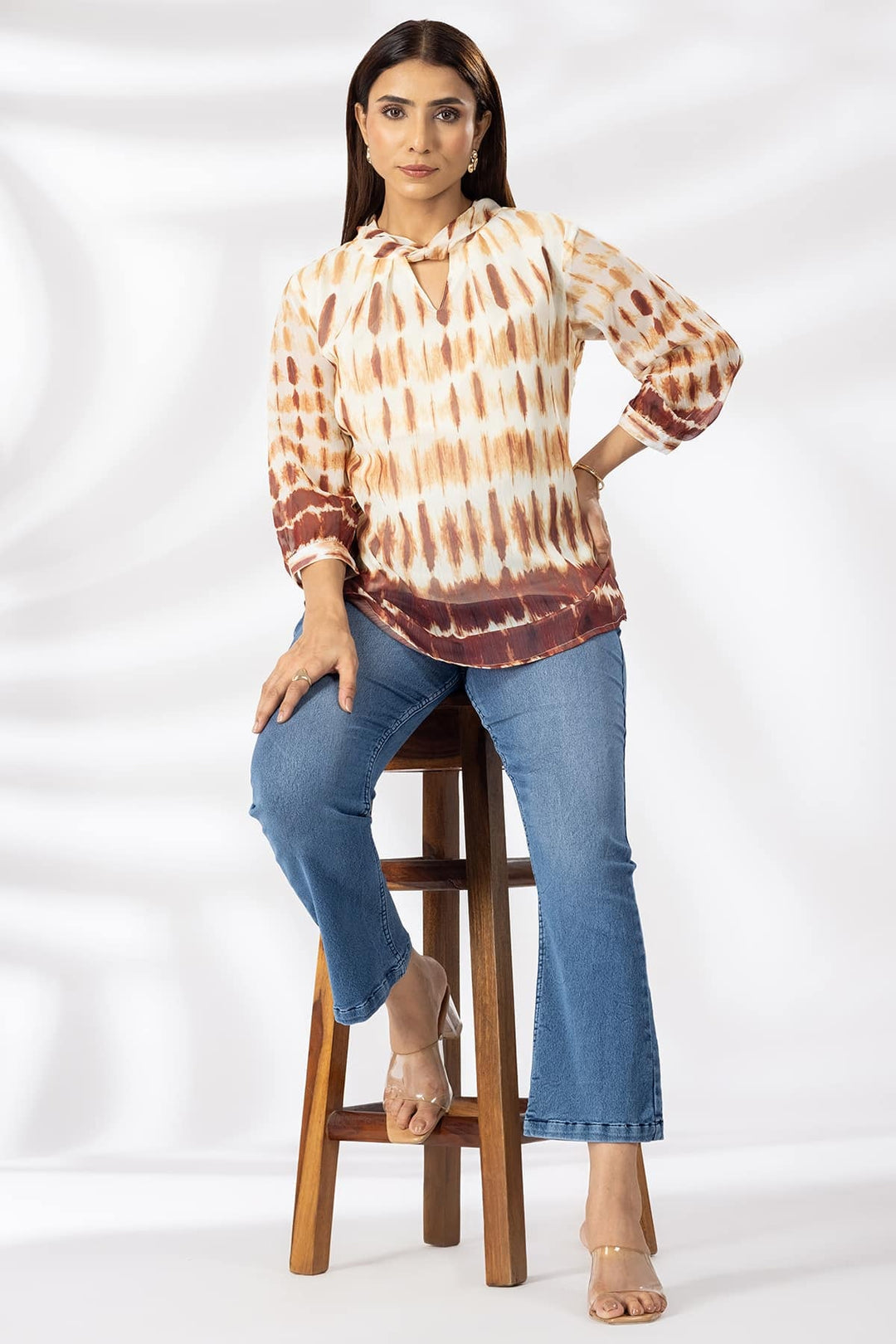 Brown Printed Chiffon Casual Top with String Tie Neck &amp; 3/4th Sleeves