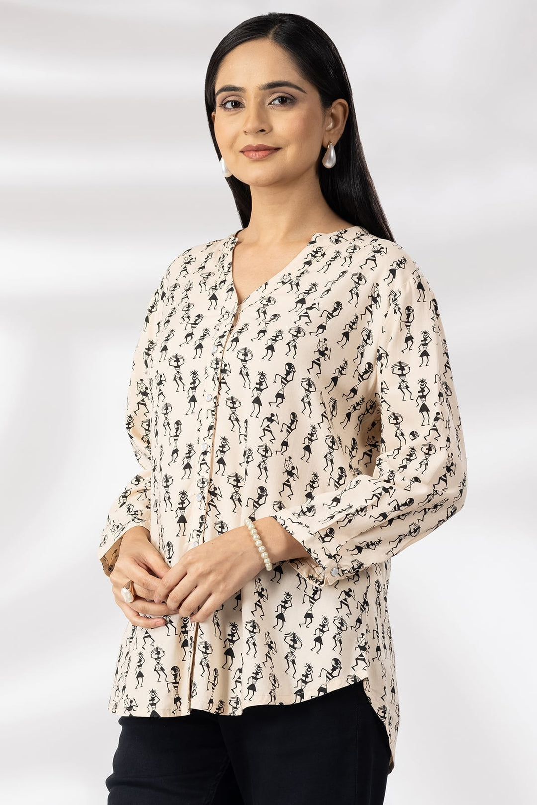 Beige Printed Viscose Shirt with Mandarin Collar