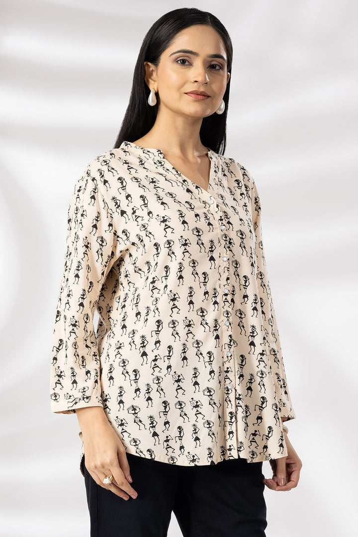 Beige Printed Viscose Shirt with Mandarin Collar