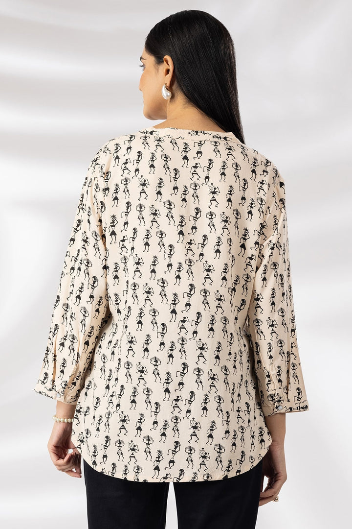 Beige Printed Viscose Shirt with Mandarin Collar