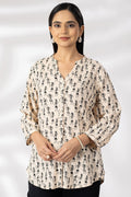 Beige Printed Viscose Shirt with Mandarin Collar