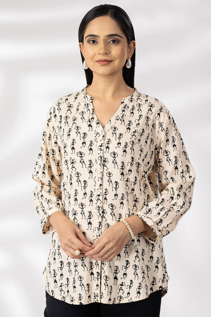 Beige Printed Viscose Shirt with Mandarin Collar