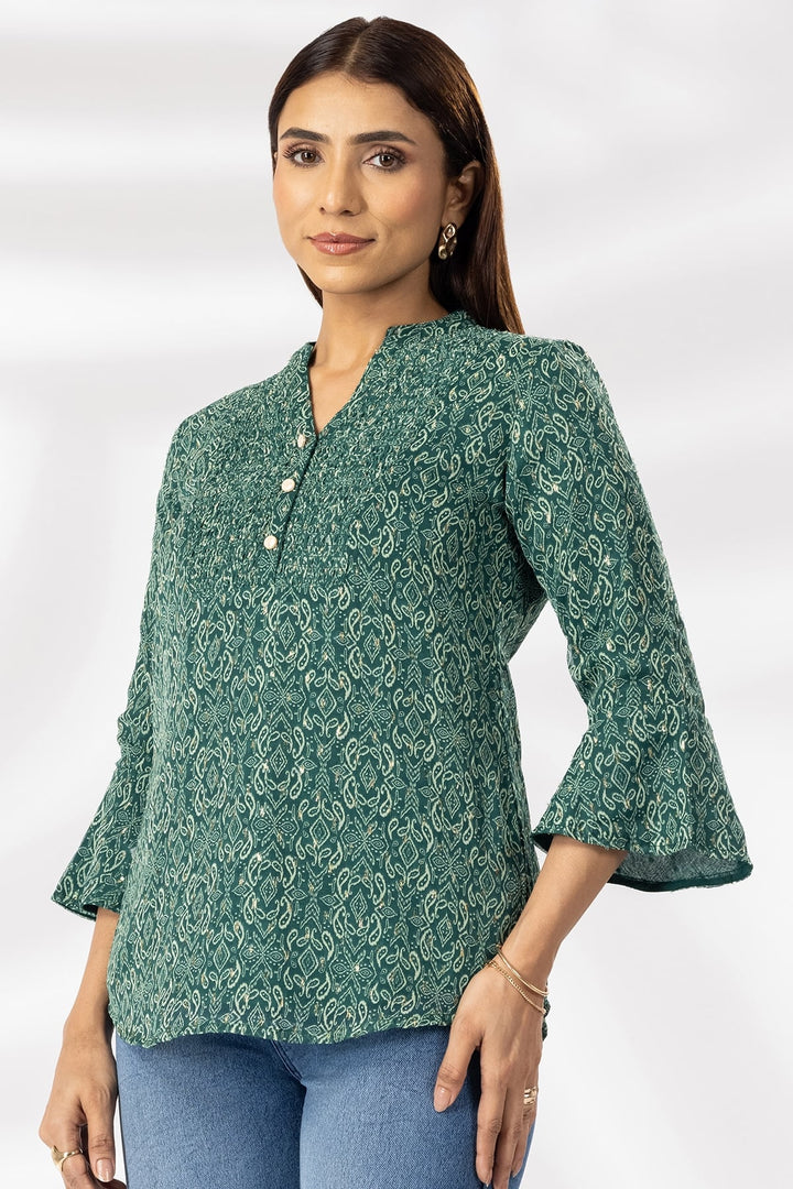 Green Printed Chiffon Lurex Casual Top with Mandarin Collar